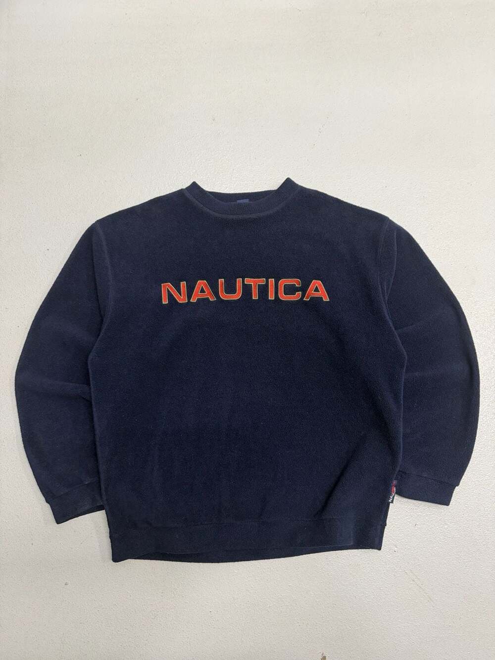 Vintage 90s Navy Nautica Embroidered Spellout Fleece Crewneck Sweatshirt